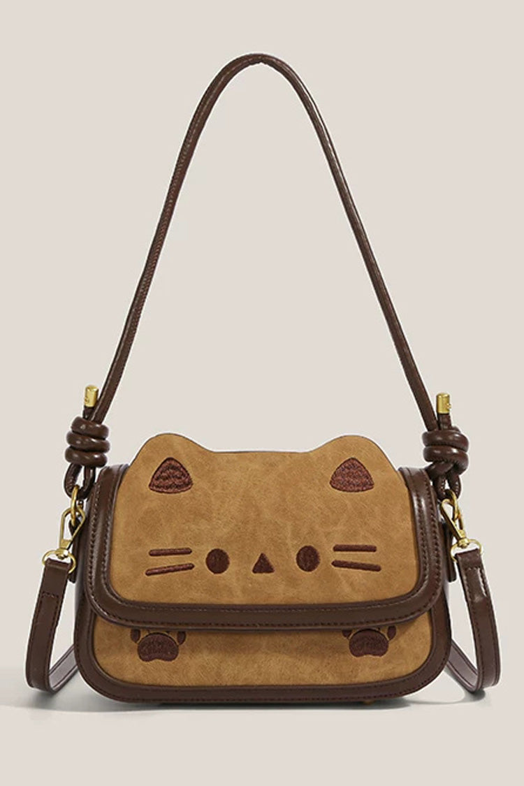 Khaki Cartoon Cat Face Embroidered Small Square Women's Vintage Versatile Crossbody Shoulder Bag