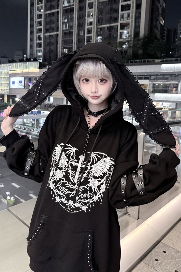 Black [Thorn Rabbit Skeleton] Hooded Long Sleeves Drop Shoulder Loose Fit Rabbit Ears Lace Trim Studded Graphic Print Jirai Kei Hoodie