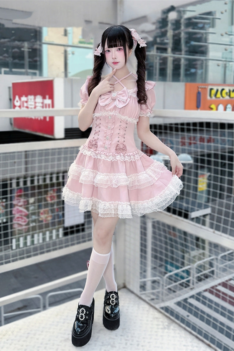 Pink [Sakura Thousand Layer Love] Short Sleeves Puff Sleeves Corset Waist Lace-Up Bow Lace Ruffled Tiered Sweet Japanese Lolita Dress