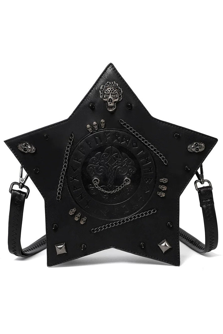 Schwarze Totenkopf-Nietenkette mit verzierter, sternförmiger Prägung, wandelbarer Gothic-Punk-Rucksack mit Prägung, Umhängetasche