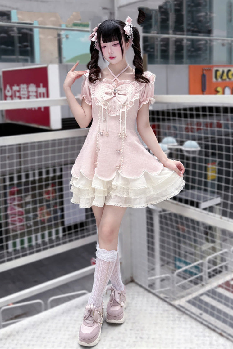 Pink [Cream Brûlée] Short Sleeves Puff Sleeves Fitted Waist Bow Heart Shaped Buttons Tweed Bouclé Ruffled Layered Hime Sweet Lolita Dress