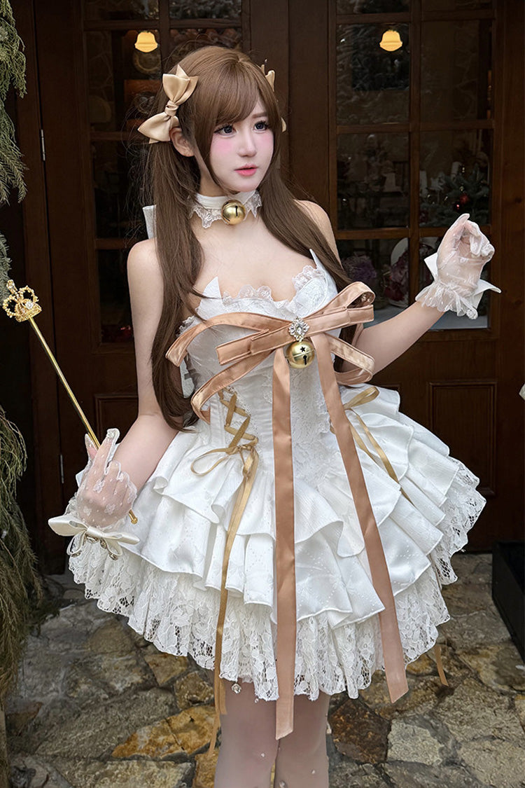 White/Glod [Kitten Sweetheart] Mehrlagiges Rüschen-Schleifen-Schnür-Prinzessin-Ballett-Sweet-Lolita-JSK-Kleid