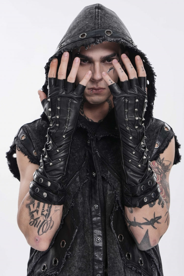 Schwarze, nietenbesetzte, coole fingerlose Punk-Handschuhe für Herren