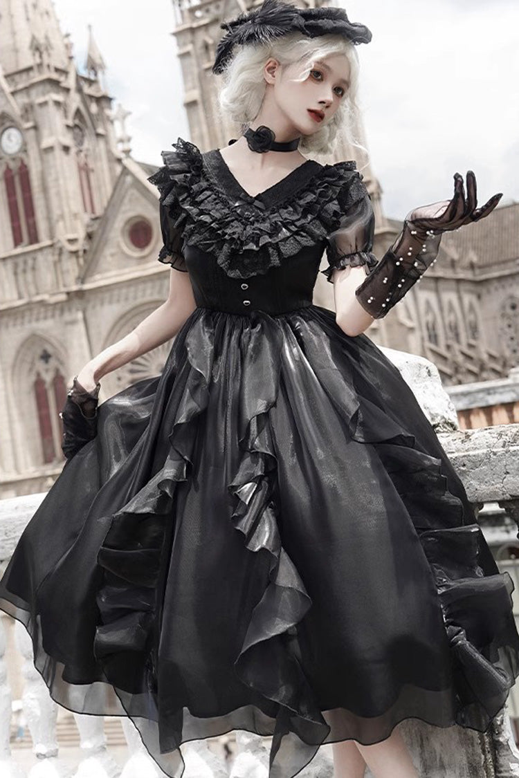 Black V-Neck Lace Cla Daily Short Puff Sleeves Gothic Lolita Dress