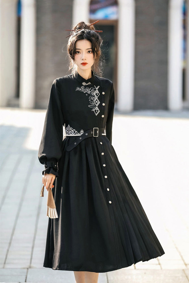 Black Mysterious Long Sleeves Chinese Style Single Breasted High Waisted Print Hanfu Dress