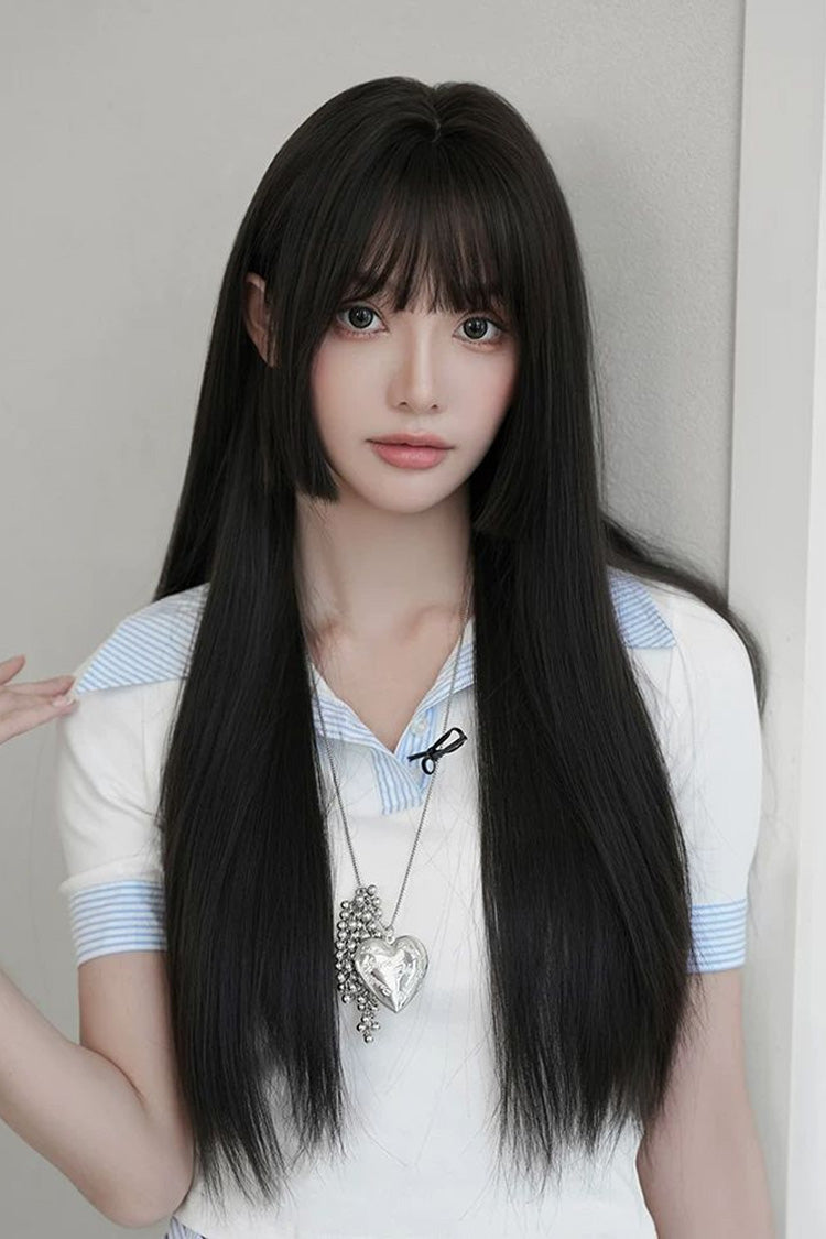 블랙 브라운 페이스 프레이밍 히메 컷 긴 직선 가발(앞머리 포함)