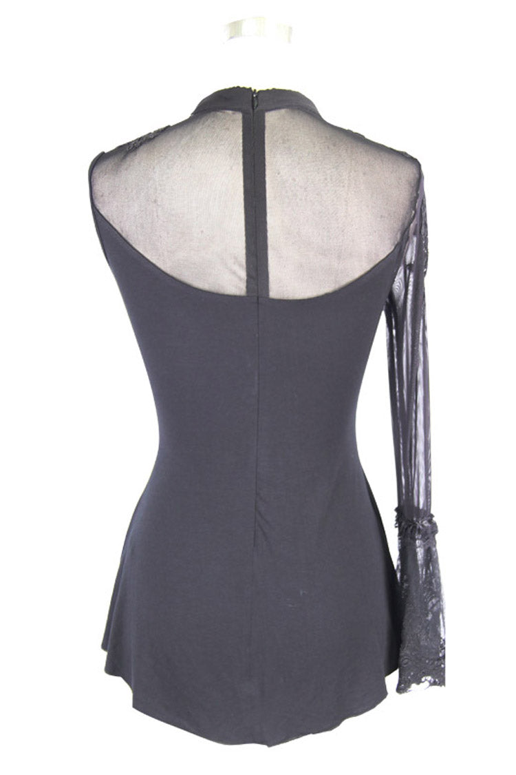 Schwarze Schulteraufkleber Federdekoration Einärmeliges Splice Mesh Damen Gothic Strick