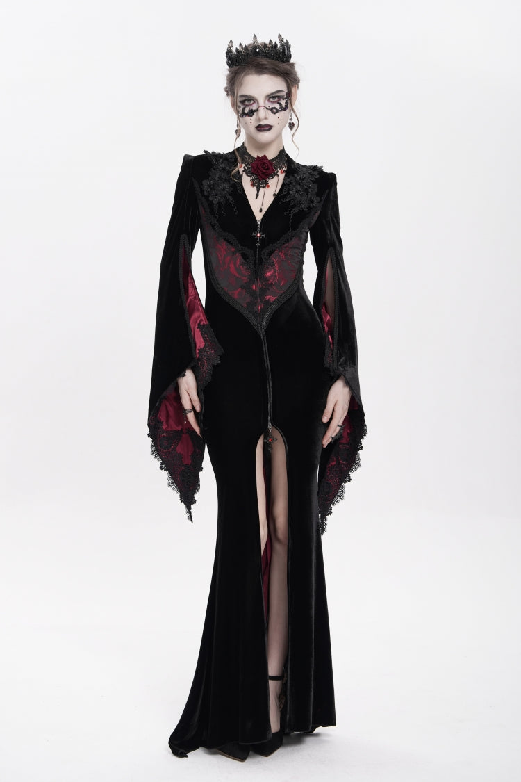 Black/Red V Collar Long Trumpet Sleeves Floral Embroidered Velvet Women's Gothic Dress