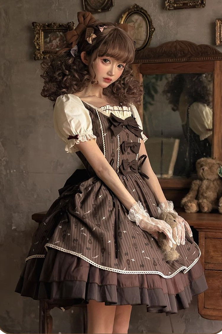 Brown Moro Coco [Hot Air Balloon] Print Ruffle Bowknot Sweet Elegant Princess Lolita Dress