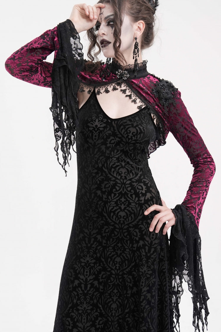 Black/Purple Stand Collar Long Sleeves Lace Tassels Women's Gothic Cape