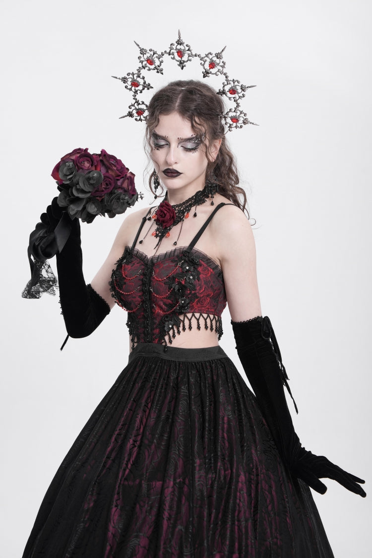 Rotes Jacquard-Kleid mit Blumenstickerei, zerrissene Gothic-Party-Unterkleid für Damen 