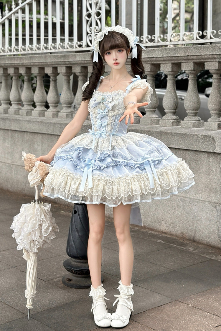 Blue [Dreaming Butterfly] Multi-Layered Jacquard Ruffle Bowknot Lace Sweet Princess Lolita Jsk Dress