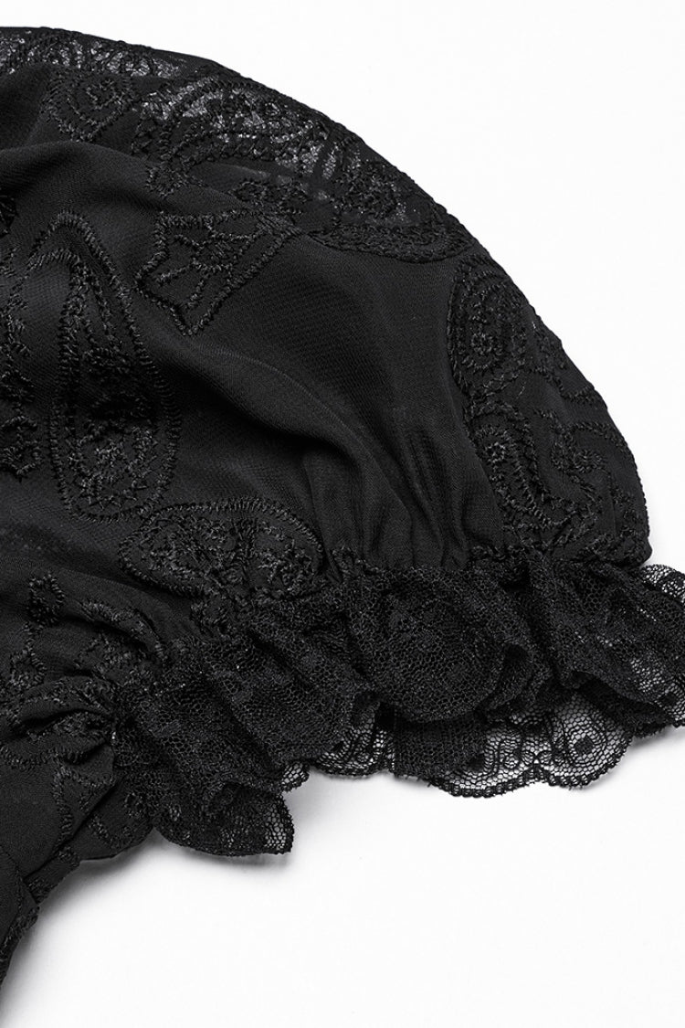 Black Stand Collar Long Puff Sleeves Jacquard Lace Women's Gothic Blouse