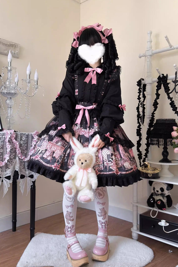 Black [The Case of the Missing Lamb] Print Ruffle Bowknot Lace Gothic Lolita SK Skirt