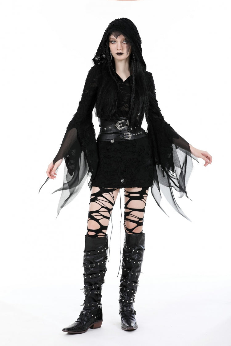 Schwarzes, schmales Gothic-Kleid mit Kapuze und langen, ausgestellten Ärmeln und Rissen für Damen in Schwarz
