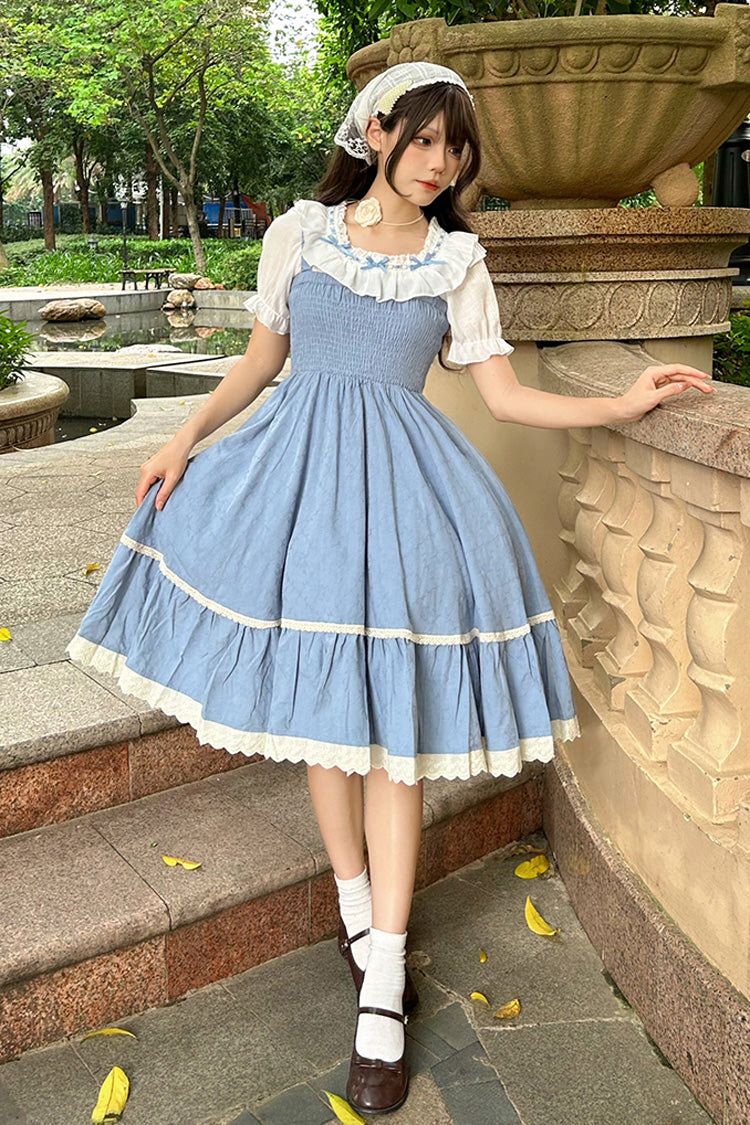 Blue Print Ruffle Stitching Lace Sweet Lolita Strap Dress Set