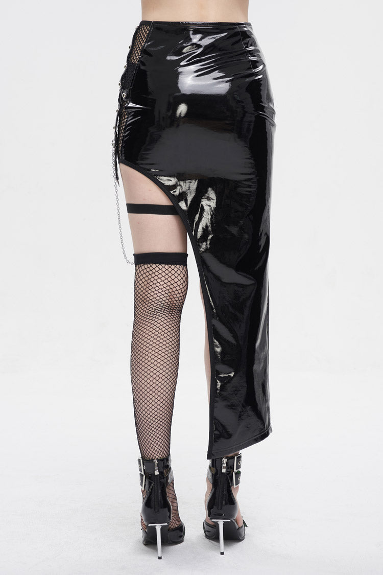 Black Irregular Patent Leather Women's Punk Skirt With Mesh Stocking