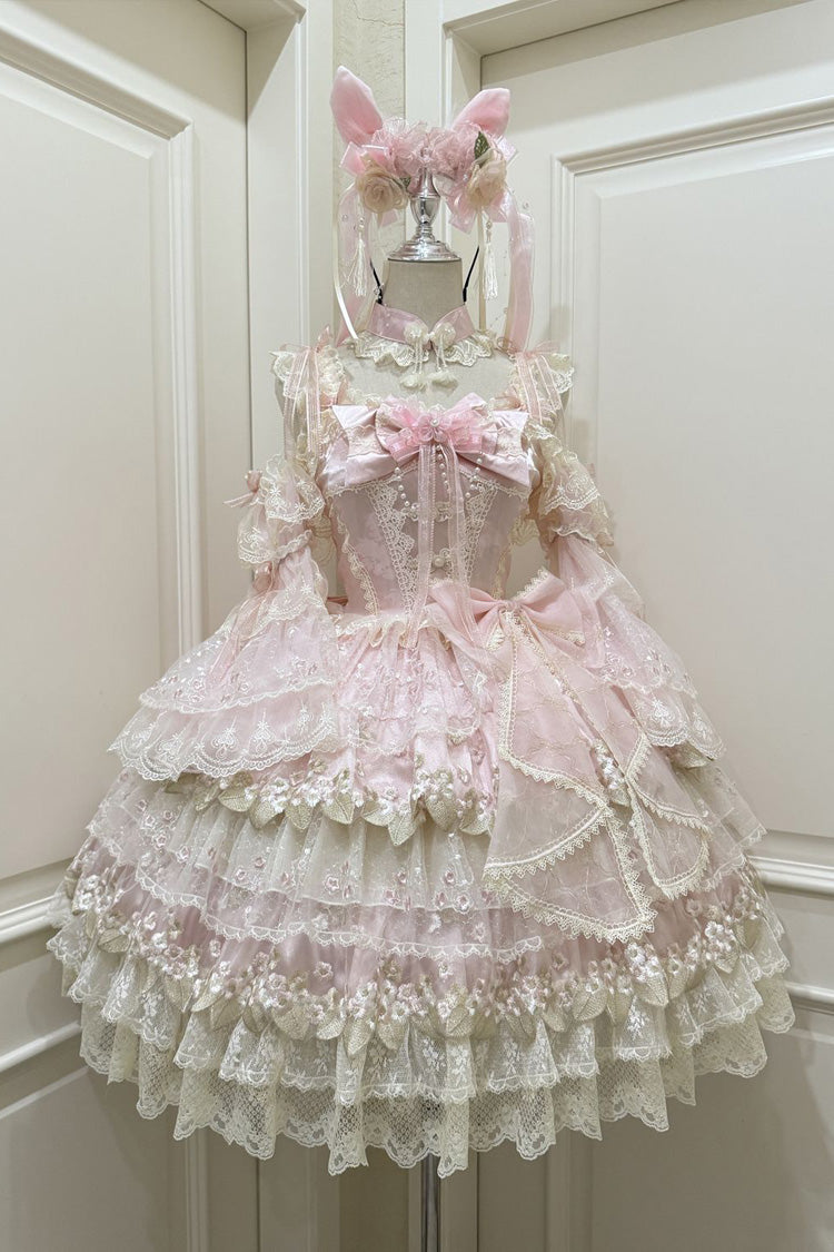 Robe Lolita Jsk style chinois doux sans manches à volants broderie nœud papillon rose [Fleurs tombant sous la pluie] 