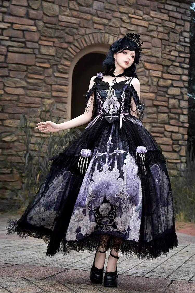 Black/Blue [Skull Magic] Print Ruffle Bowknot Gothic Elegant Lolita Skirt Two-Piece Set