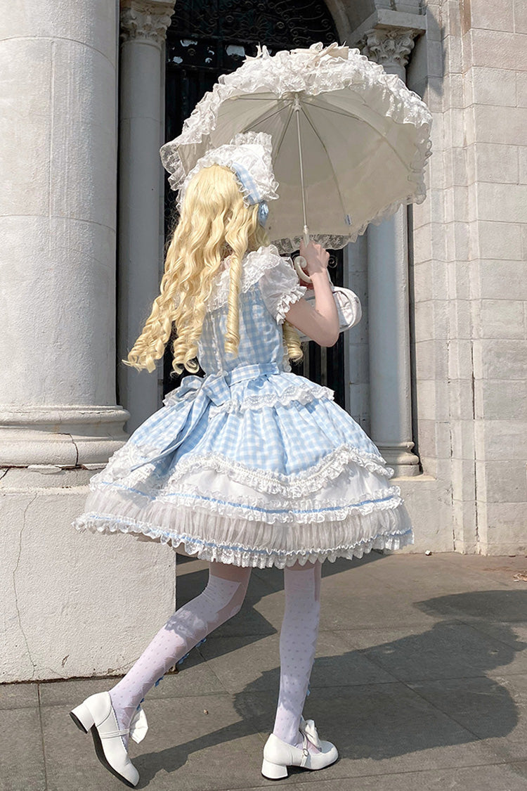 Blue [Tea Break Sweetheart] Short Sleeves Multi-Layered Plaid Print Ruffle Sweet Lolita Dress