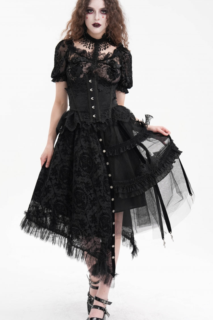 Black Jacquard Cut-Out Lace Asymmetric Pleated Women's Gothic Luxurious Skirt