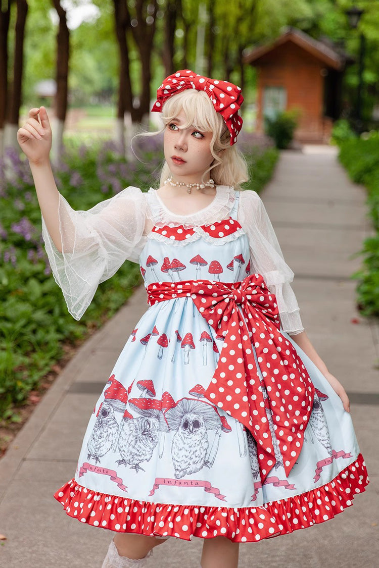 Cat Head Mushroom Print Ruffle Bowknot Sweet Lolita Dress 2 Colors