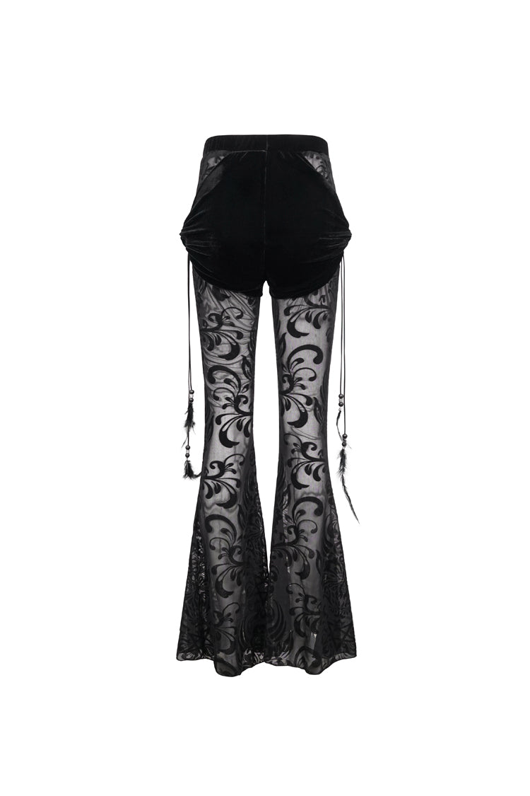 Black Flocking Mesh Side Hanging Feather Pendant Fake Two-Piece Long Women's Gothic Flared Pants