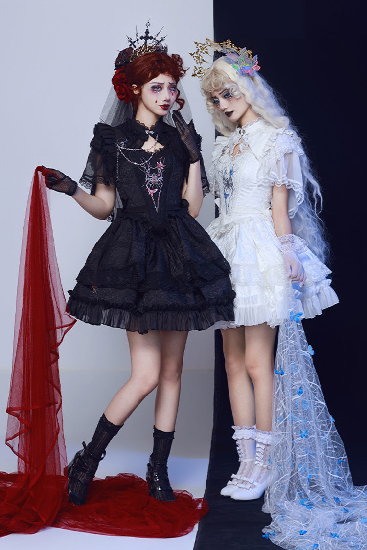 White Sleeveless Spider Embroidery Bowknot Lace Gothic Princess Lolita Skirt Two-piece Set