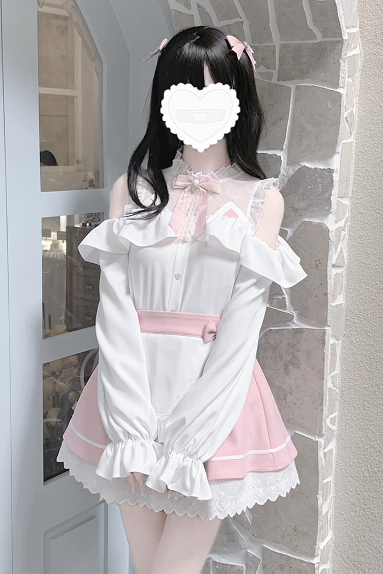 White/Pink Off Shoulder Long Sleeves Ruffle Bowknot Lace Sweet Jirai Kei Skirt
