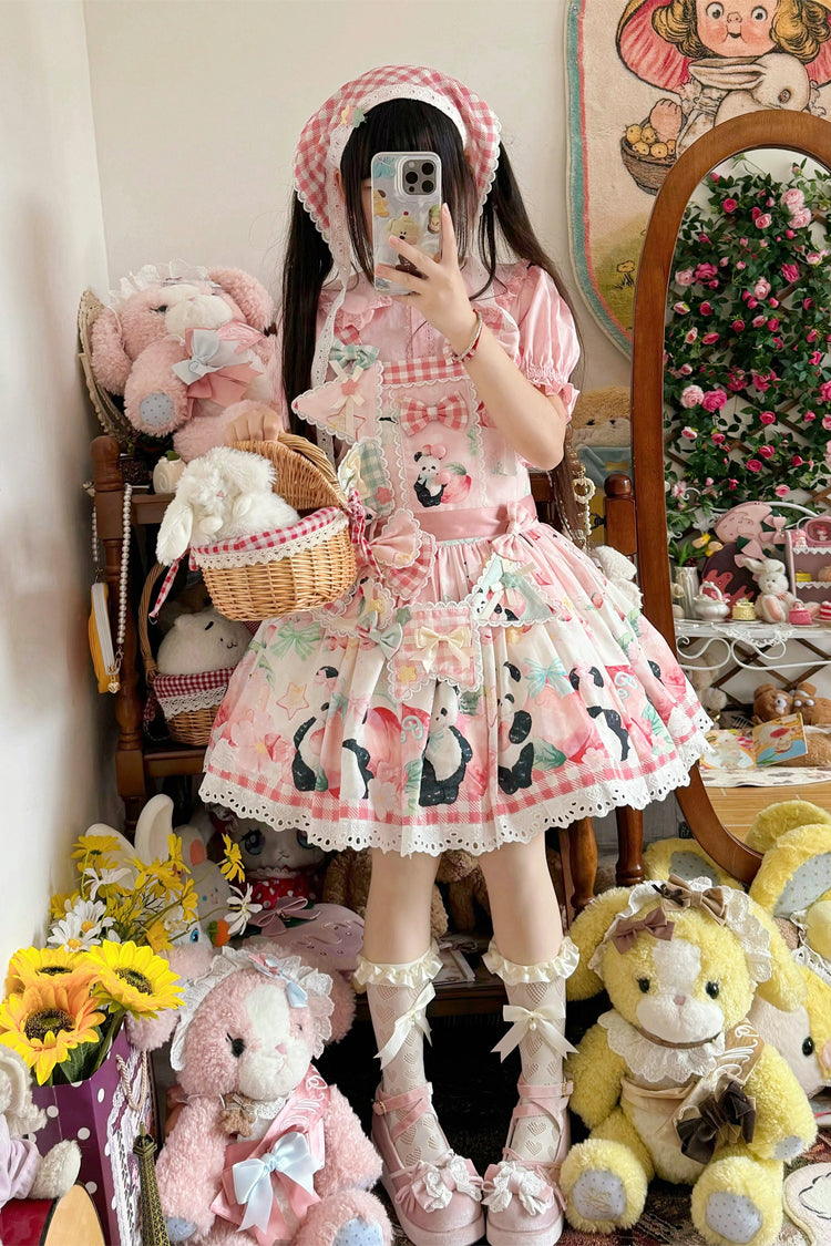 Panda Peach Print Bowknot Sweet Lolita Strap Dress 3 Colors