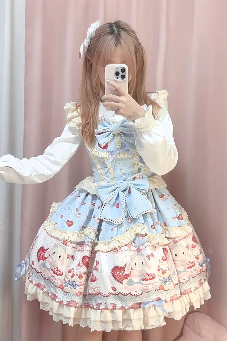 Bleu [Sweet Bunny Party] Ensemble de robe Lolita Jsk à col carré sans manches imprimé avec nœud à volants