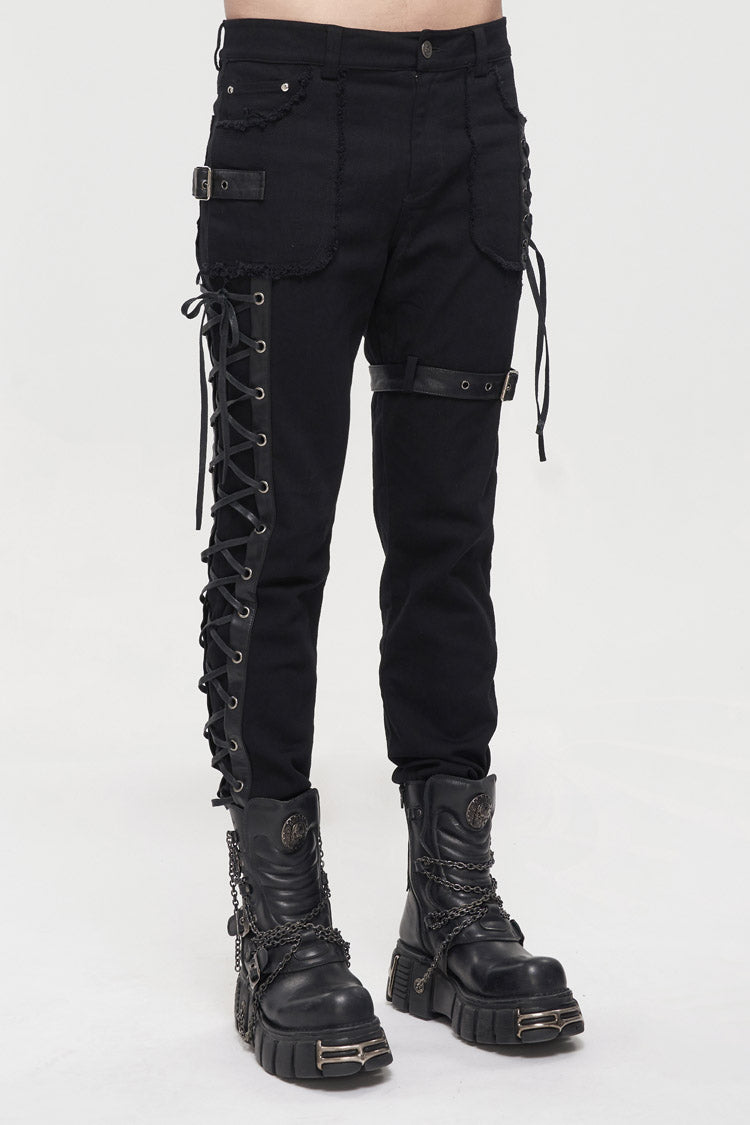 Black Metal Decorative Lace Up Leg Loops Long Men's Punk Pants