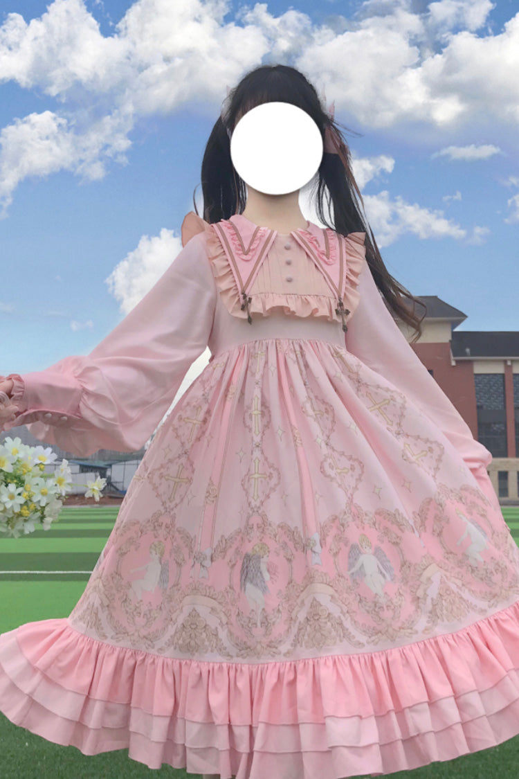 [Angel's Redemption] 長袖 エンジェルプリント フリル 蝶結び スイート ロリータ ドレス 3色