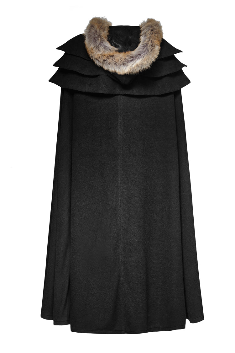 Black Hooded Fur Collar Wool Long Mens Gothic Coat Cloak