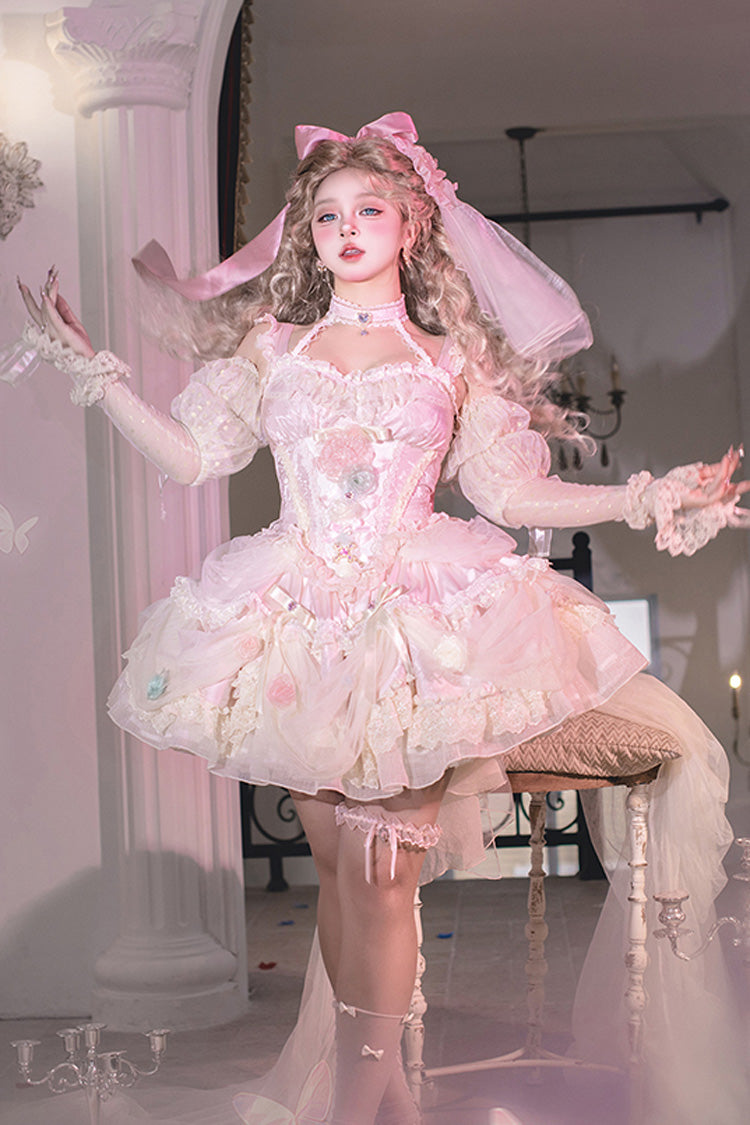 Pink [Dream Garden] Ruffle Hanayome Embroidery Bowknot Lace Fishbone Sweet Princess Gorgeous Lolita Jsk Dress