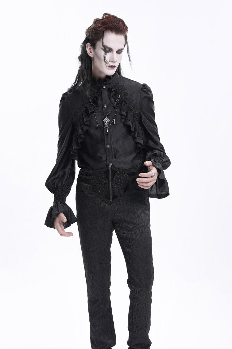 Black Stand Collar Long Sleeves Ruffle Lace Cross Men's Gothic Blouse