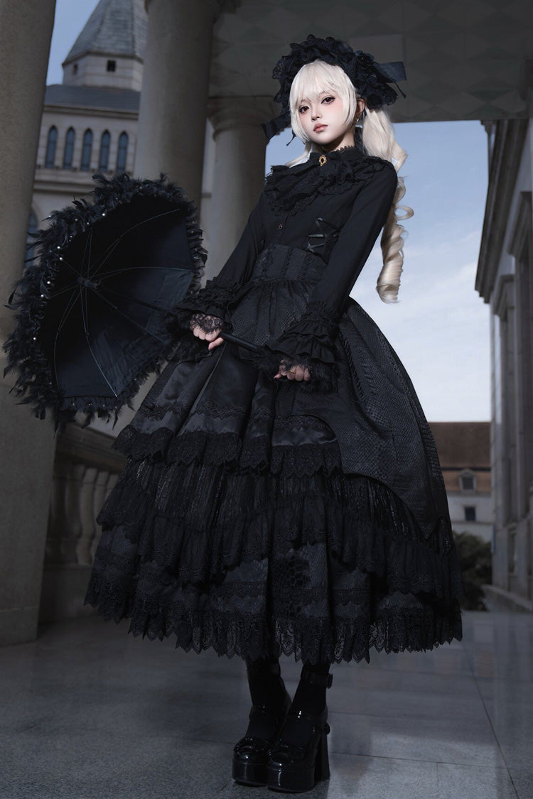 Black [Immortality Taboo] Multi-Layered Ruffled Open-Front Lace Elegant Gorgeous Gothic Lolita Skirt