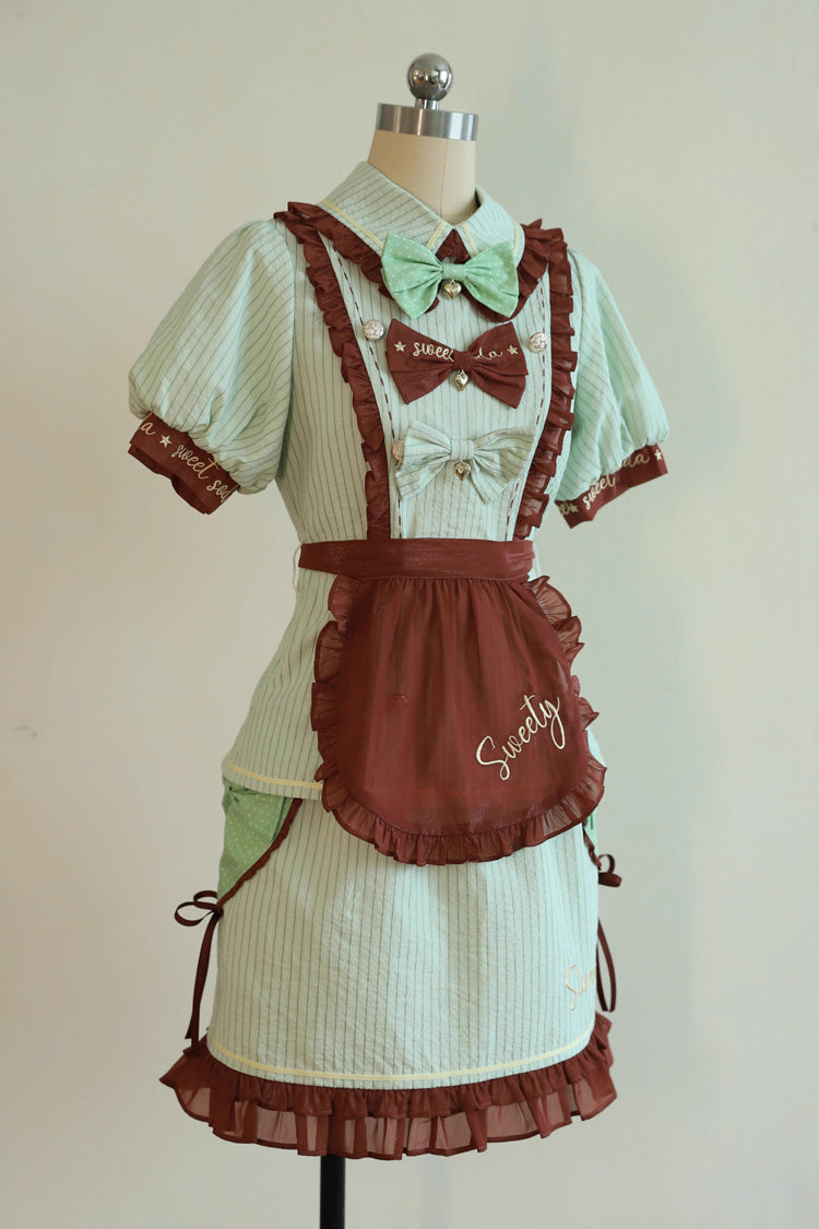 Green [Sweet Soda] Short Sleeves Print Ruffle Bowknot Apron Sweet Vintage Lolita Skirt Set