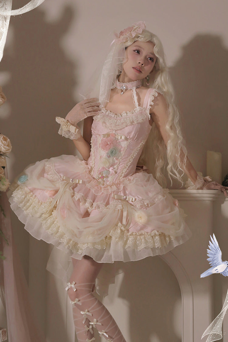 Pink [Dream Garden] Ruffle Hanayome Embroidery Bowknot Lace Fishbone Sweet Princess Gorgeous Lolita Jsk Dress