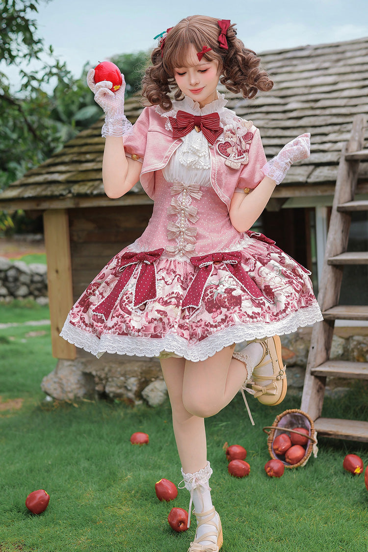 Rose/rouge [Fraise poupée fantaisie] col montant manches courtes Jacquard imprimé nœud doux ensemble de robe Lolita