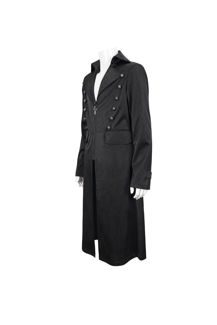 Black Lapel Collar Double Breasted Metal Cross Zip Men's Gothic Long Coat