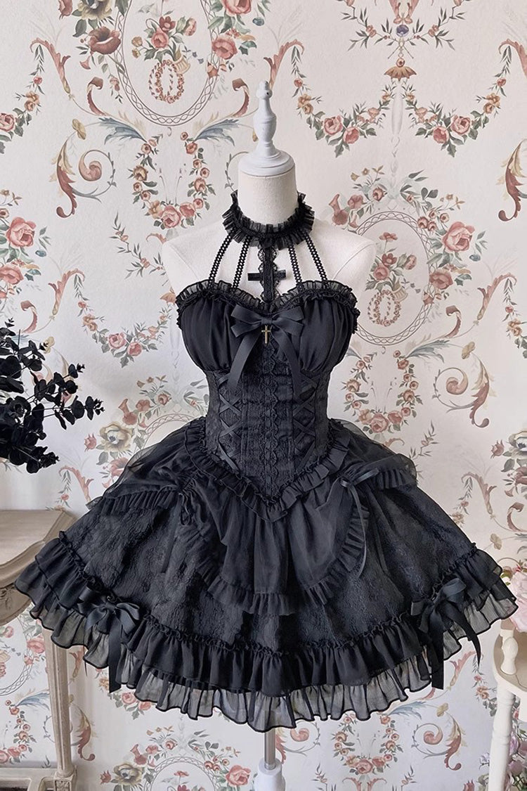 Dark Black Tube Top Sleeveless Blowknot Ruffled Gothic Lolita Tiered Dress