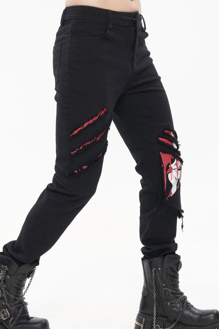 Black Punk Twill Ripped Leg-Bone Bleed Print Men's Pants