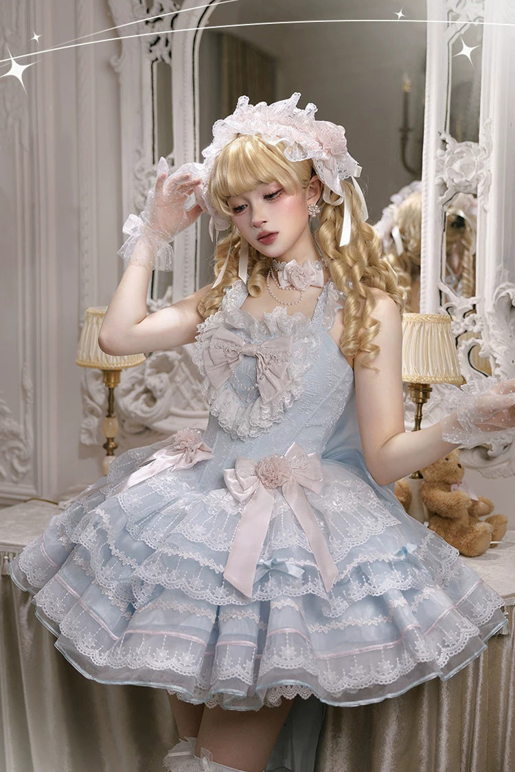 Blaues [Crystal Isle] ärmelloses mehrlagiges Jacquard-Rüschenschleifenkleid mit quadratischem Kragen und süßem Balletcore-Lolita-Stufenkleid