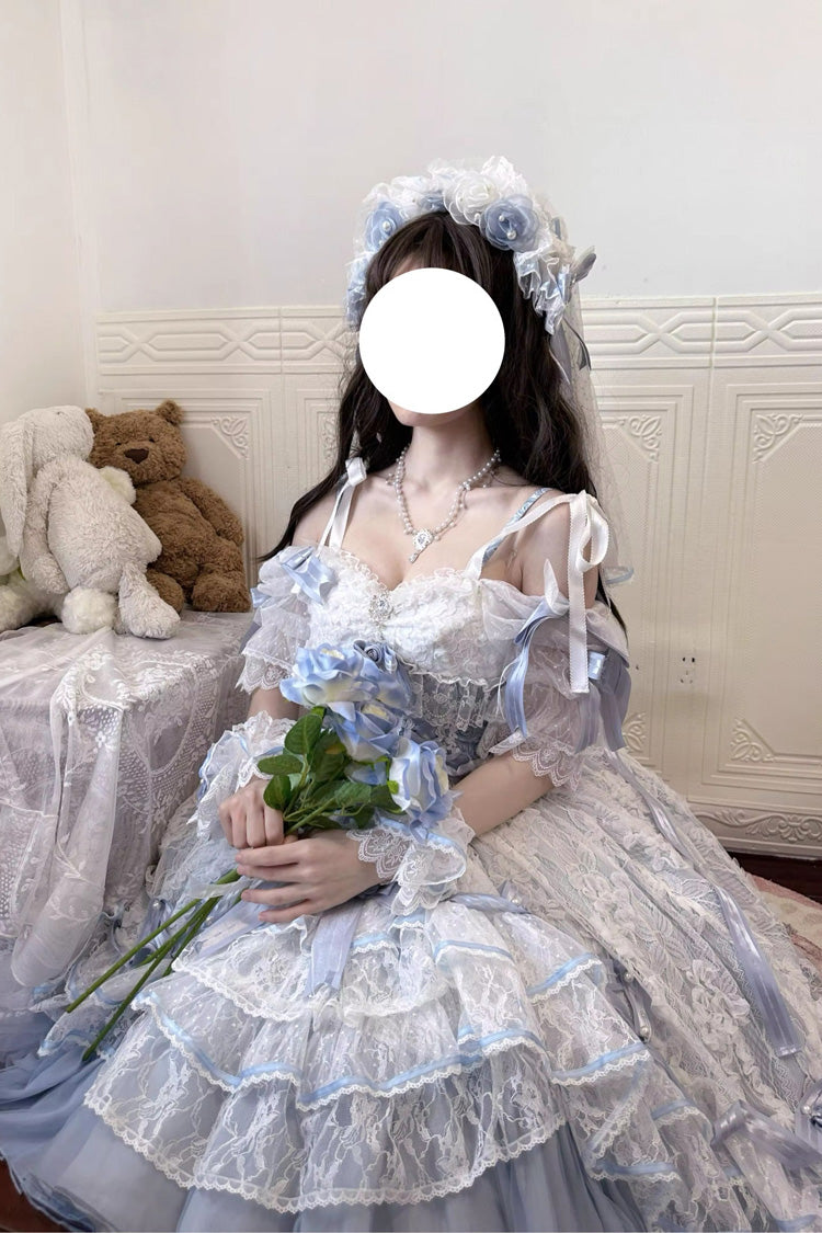 Blue [Diane Rose] Short Sleeves Multi-Layered Jacquard Ruffle Hanayome Cardigan Bowknot Lace Sweet Lolita Dress