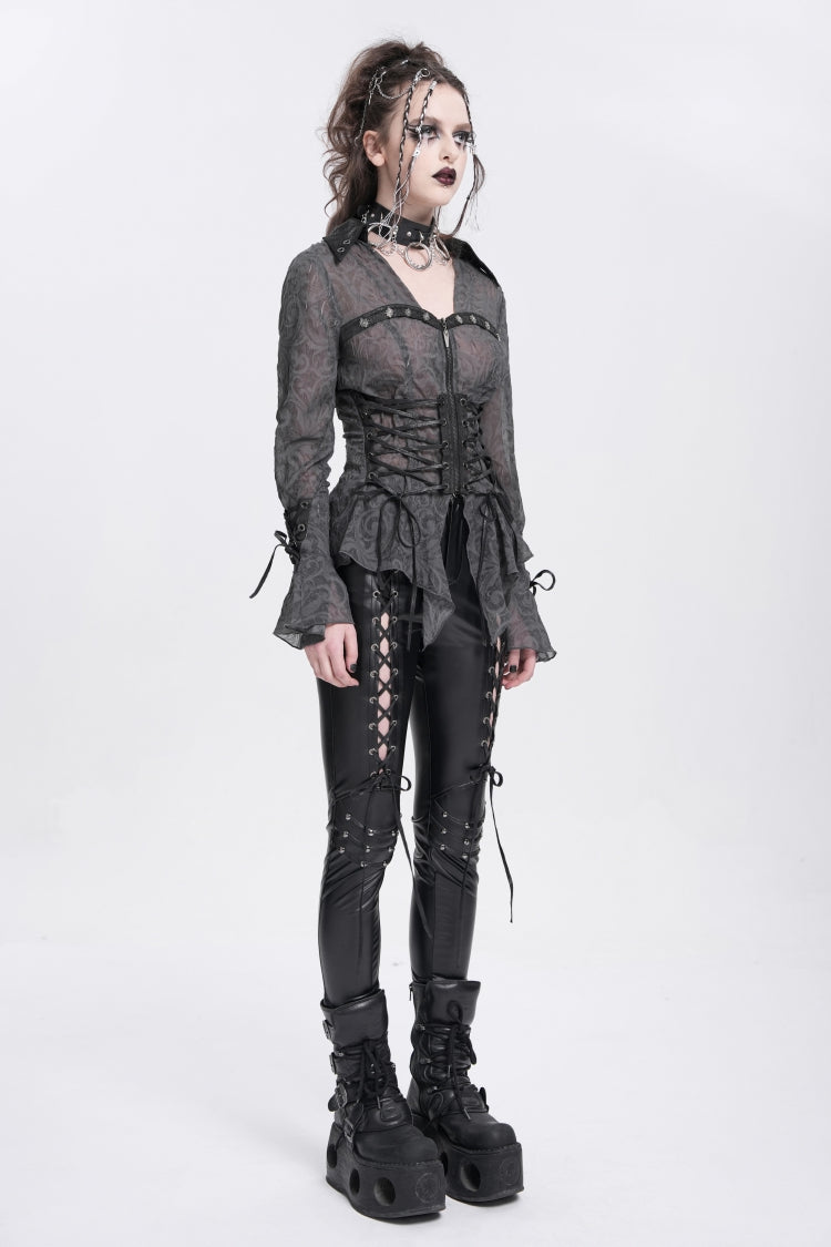 Black Long Sleeves Embroidery Lace-Up Irregular Sheer Women's Gothic Blouse