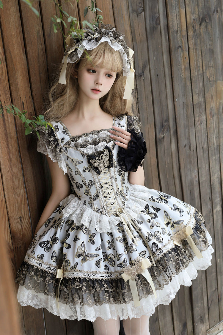 Cream [Golden Spirit • Dream Butterfly] Sleeveless Print Ruffle Bowknot Lace-Up Sweet Princess Lolita Jsk Dress Set