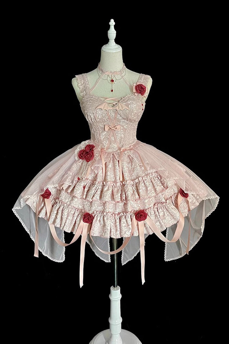 Rosa Weinende Rose Doppellagiges Rüschenstickerei Bowknot Spitze Süßes Ballett Lolita Rock Set