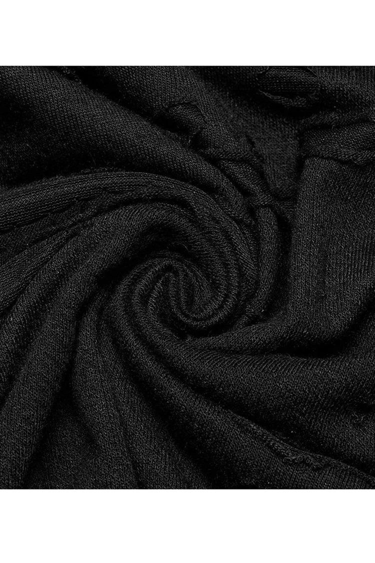 Black Gothic Broken Holes Knitted Fabric Stitching Metal Buckle Detachable Decorative Tape Long Sleeve Men's T-Shirt
