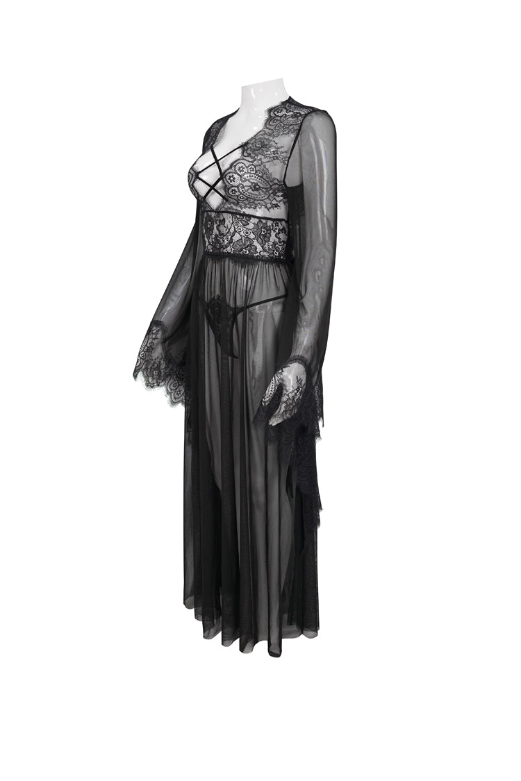 Schwarzes, perspektivisches, sexy, rückenfreies Kleid mit V-Ausschnitt und Schnürung und ausgestellten Ärmeln für Damen im Gothic-Stil